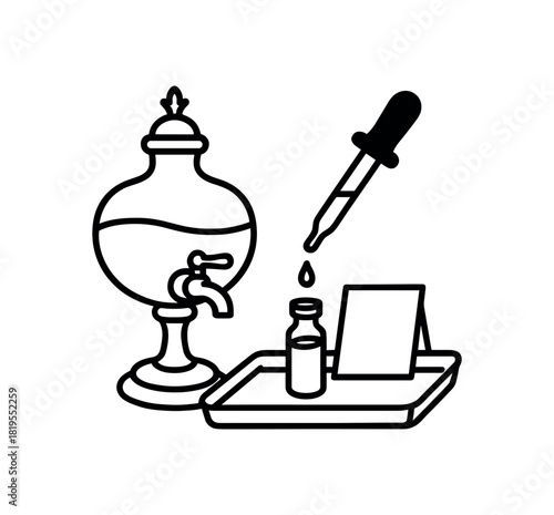 flat vector handdrawn black and white bold clean outlines white background refill shop perfume fountain glass vessel pipette vial tray card blank no logos