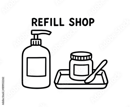 flat vector handdrawn black and white bold clean outlines white background refill shop body lotion refill pump jar spatula tray label sticker blank no logos