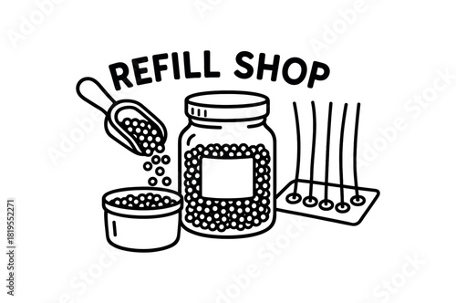 flat vector handdrawn black and white bold clean outlines white background refill shop candle wax pellets scoop jar wick set label blank no logos