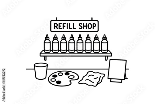 flat vector handdrawn black and white bold clean outlines white background refill shop paint refill squeeze bottles cup palette rag sign blank no logos