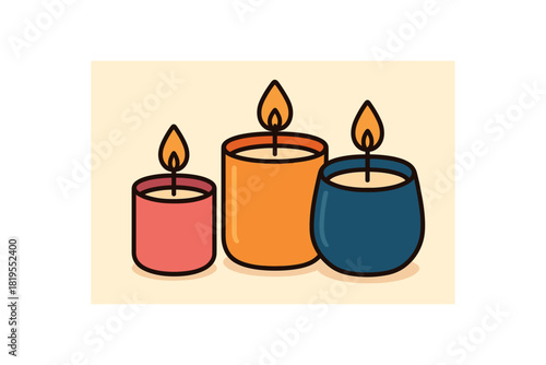 Flat vector illustration of bright scented candle trio with bold holders rounded forms clean outline