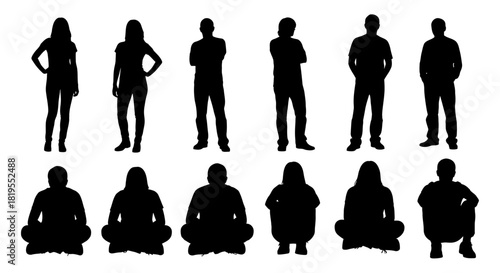 Diverse collection of human silhouettes standing and sitting in various poses