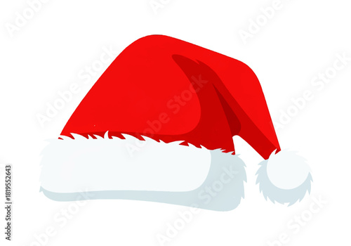 A festive Santa Claus hat with a red top and white fluffy trim, isolated on a white background.