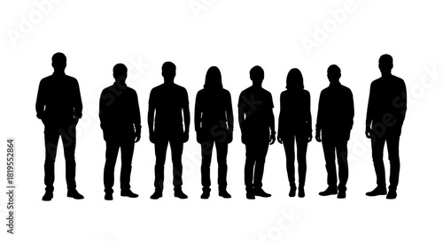 A Diverse Group of Standing Adult People Silhouettes on White Background
