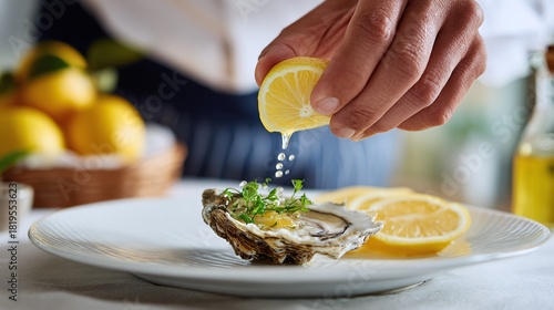 Fototapeta Naklejka Na Ścianę i Meble -  Fresh oyster being squeezed with a lemon slice for flavoring, on a white ceramic plate. The oyster is garnished with fresh herbs. A basket of lemons appears in the background.