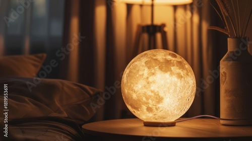 A glowing moon lamp on a wooden table beside a cozy bed. Soft lighting creates a warm atmosphere in a modern bedroom setting.