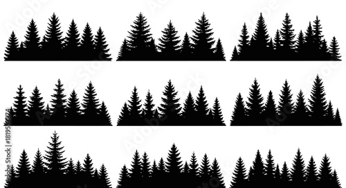 Collection of diverse black evergreen forest tree silhouettes design elements