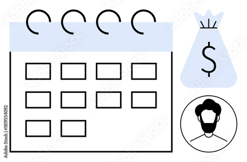Calendar grid representing schedule management, money bag indicating financial goals, and user profile icon for personal identity. Ideal for time planning, budgeting, goal setting, finance apps