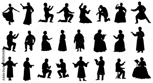 Set of Dramatic Human Silhouettes Depicting Theatrical Scenes and Emotions