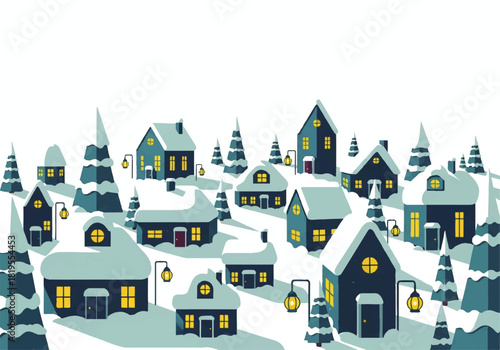 Winter village illustration featuring houses and trees covered in snow, illuminated windows, and street lamps on a white background.