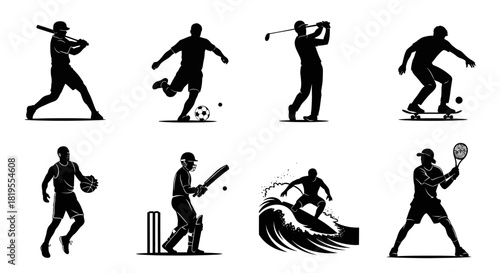 Diverse Silhouettes of Athletes Engaging in Popular Sports Activities