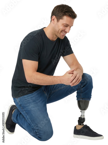 Positive man with prosthetic leg smiling, isolated on white