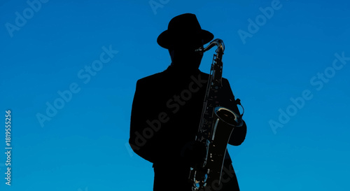 Enigmatic Figure with Saxophone Captured as a Silhouette on Blue