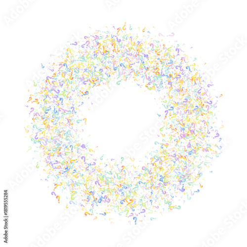 Question marks. Background for quiz, poll, survey, faq, interrogation, query. Multicolored template for opinion, public poll. Funny School vector illustration rainbow color on white