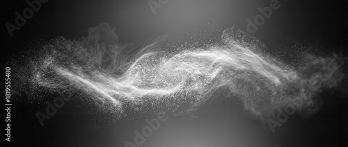 Abstract dynamic white dust particles swirling in a vortex pattern, resembling cosmic energy or smoke on a dark, monochromatic background.