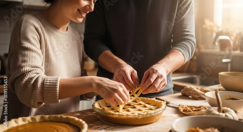 Couple preparing festive pumpkin pie with lattice crust in kitchen for Thanksgiving dinner. Homemade baking tradition.