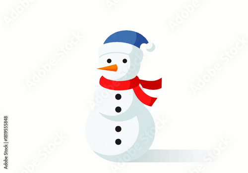 Cartoon snowman with a blue hat and red scarf standing on a white background.