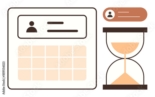 User interface elements showing profile, calendar grid, and hourglass. Ideal for time management, planning, personal organization, deadlines, productivity tools scheduling and workflow. Minimal