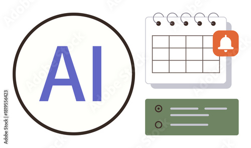 AI logo next to a calendar with a notification bell and a task list interface. Ideal for technology, innovation, planning, automation, productivity, organization, scheduling, simple flat metaphor