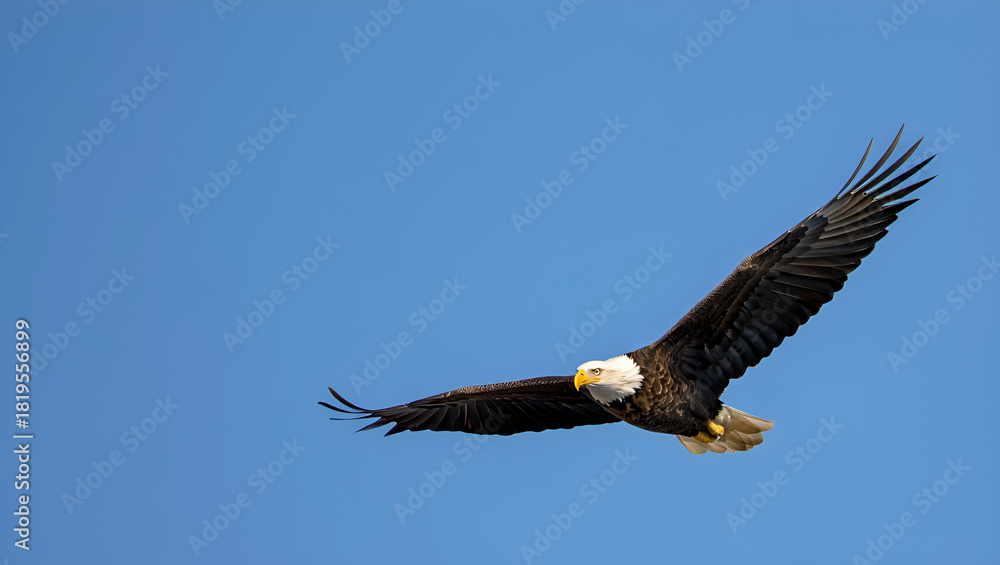 Fototapeta premium Majestic Bald Eagle Soaring High Against a Clear Blue Sky