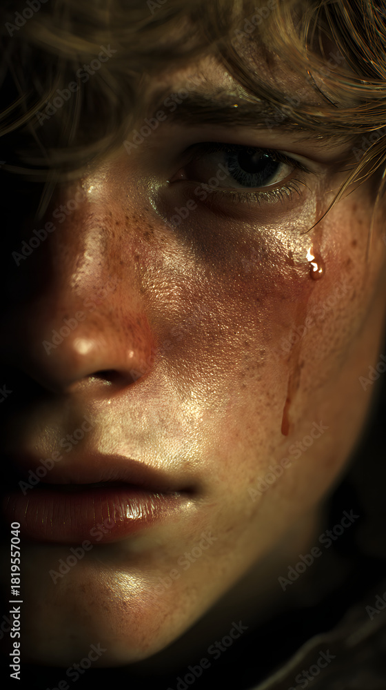 Fototapeta premium Ultra-detailed cinematic shot capturing a teen boy’s tear sliding across his cheek in warm torch glow