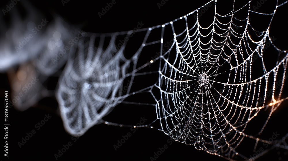 Fototapeta premium Glistening spiderwebs catch the light, delicate yet strong. A symbol of nature's artistry, reflecting resilience and patience in its intricate design, with its mesmerizing beauty.