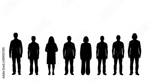 Eight human silhouettes standing in a row against a white background
