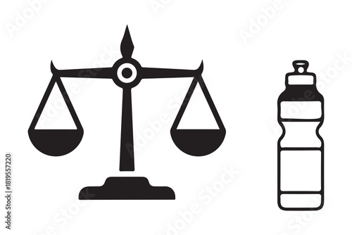 Symbolic representation of balancing healthy lifestyle choices with a water bottle and scales isolated on white background
