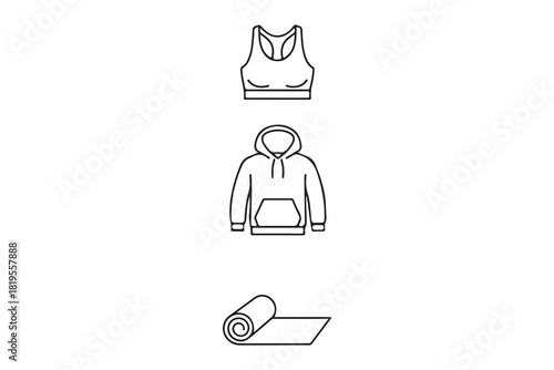 Collection of three line art icons representing sportswear and fitness equipment isolated on white background