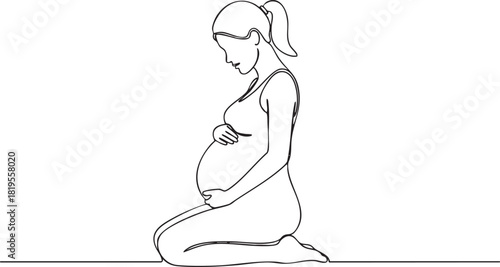 Continuous single line drawing of a pregnant woman sitting and meditating, minimalist prenatal yoga pose illustrated in clean serene outline vector style