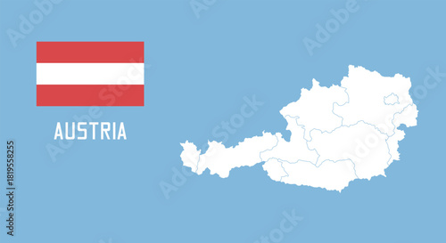 Austria map. Vector Austria map with Austria flag isolated on blue background.	