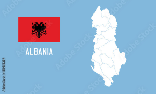 Albania map. Vector Albania map with Albania flag isolated on blue background.	