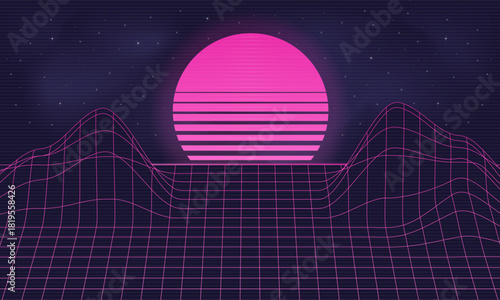 80s Retro futuristic background with laser grid and retro sunset. Neon retro background for games, music cover. Vector illustration