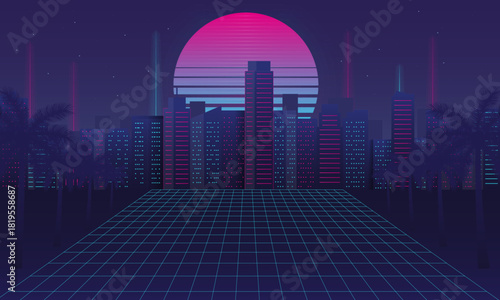 Retro futuristic cityscape. Retro Night city background with retro sun and palm silhouettes. Vaporwave aesthetic. Vector illustration