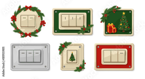 Assorted christmas themed light switches with decorative holiday elements shown