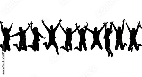 Silhouettes of joyful people jumping together celebrating success and happiness