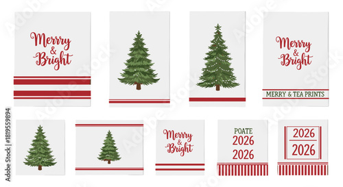 Collection of holiday themed towels with christmas trees and merry and bright text