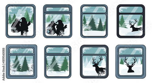 Collection of winter scenes viewed through frosted windows with deer and figures