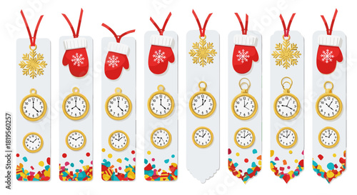 Illustration of holiday themed bookmarks with clocks snowflakes and mittens design