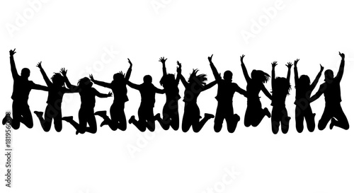 Happy people jumping high in unison expressing pure joy and freedom