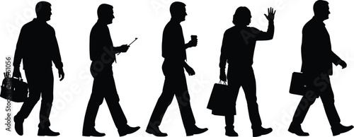 Silhouette of diverse walking individuals with toolbox, clipboard, cup, shopping bags, briefcase, representing daily roles, work, leisure, activity