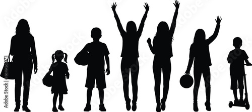 Silhouette of diverse family group with children and adults, playful poses, ball games, scooter, celebration, togetherness, outdoor activity, bonding