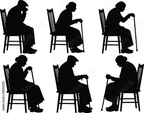 Silhouette of elderly people sitting with cane, bowed posture, aging theme, contemplation, frailty, quiet moment, senior lifestyle, emotion