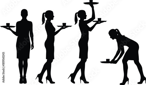 Silhouette of elegant waitress holding tray with cup, standing, lifting, bending, serving gesture, hospitality posture, service motion, routine
