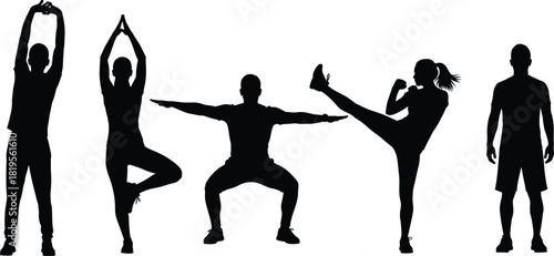 Silhouette of individuals performing fitness poses, stretching, yoga, martial arts, balance, strength, body movement, exercise, wellness, training