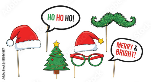 Festive christmas photo booth props including hats, tree, glasses, and speech bubbles
