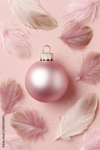 Christmas ornament in elegant blush and rose pink shades, surrounded by soft feathers, creating a pastel festive still life with copy space for design