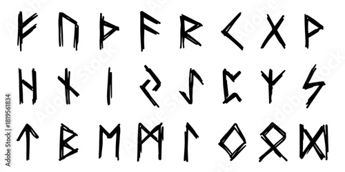Set of hand drawn viking runes Ancient scandinavian futhark germanic celtic alphabet clipart in doodle style Single element for print, web, design, decor