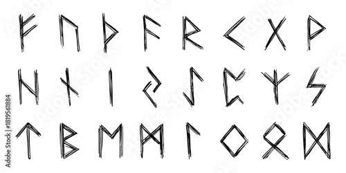 Set of hand drawn viking runes Ancient scandinavian futhark germanic celtic alphabet clipart in doodle style Single element for print, web, design, decor