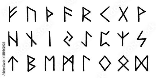 Set of hand drawn viking runes Ancient scandinavian futhark germanic celtic alphabet clipart in doodle style Single element for print, web, design, decor